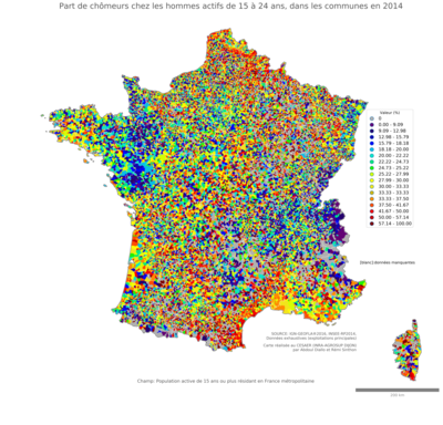 Part de chômeurs chez les hommes actifs de 15 à 24 ans - com2014
Mots-clés: chômage;sexe;hommes;âge;classes populaires;communes