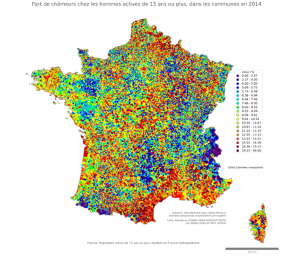 Part de chômeurs chez les hommes actives de 15 ans ou plus - com2014
Mots-clés: chômage;sexe;hommes;classes populaires;communes