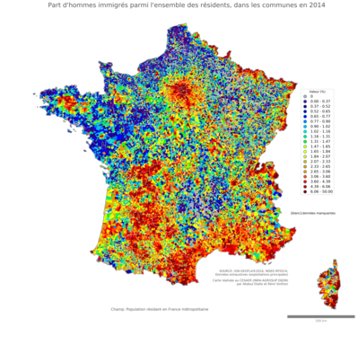 Part d'hommes immigrés parmi l'ensemble des résidents - com2014
Mots-clés: immigration;sexe;hommes;classes populaires;communes