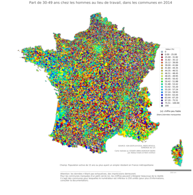 Part de 30'49 ans chez les hommes au lieu de travail - com2014
Mots-clés: âge;lieu de travail;communes