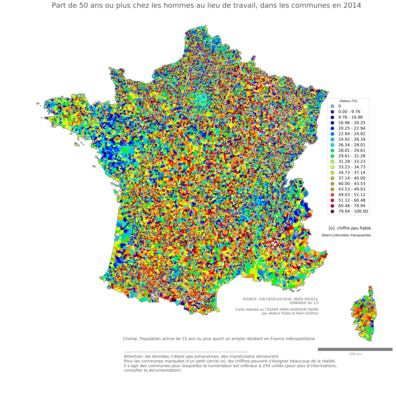 Part de 50 ans ou plus chez les hommes au lieu de travail - com2014
Mots-clés: âge;lieu de travail;communes