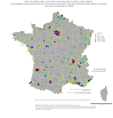 Part travaillant dans une autre commune de la même unité urbaine (renseignée uniquement pour les communes urbaines) chez les hommes actifs ayant un emploi - com2014
Mots-clés: lieu de travail;conditions de travail et d-emploi;sexe;hommes;communes