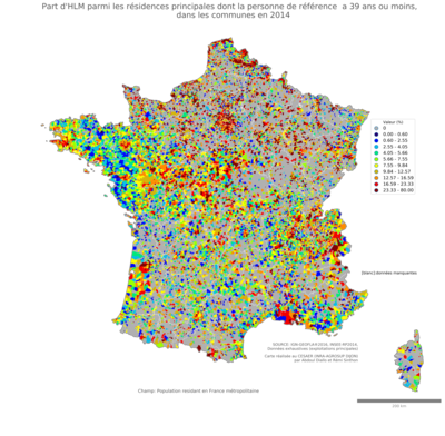 Part d'HLM parmi les résidences principales dont la personne de référence a 39 ans ou moins” - com2014
Mots-clés: résidence et logement;âge;conditions d-existence;classes populaires;communes