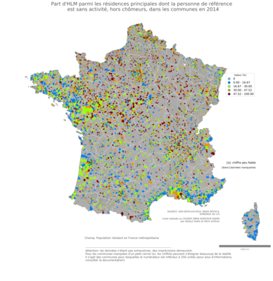 Part d'HLM parmi les résidences principales dont la personne de référence est sans activité, hors chômeurs - com2014
Mots-clés: résidence et logement;chômage;conditions d-existence;classes populaires;communes