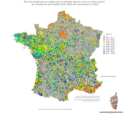 Part de résidences occupées par le ménage depuis 4 ans ou moins parmi les résidences principales HLM - com2014
Mots-clés: résidence et logement;conditions d-existence;classes populaires;communes