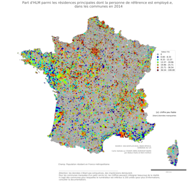 Part d'HLM parmi les résidences principales dont la personne de référence est employé.e - com2014
Mots-clés: résidence et logement;profession;conditions d-existence;classes populaires;communes