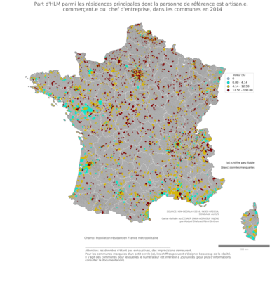 Part d'HLM parmi les résidences principales dont la personne de référence est artisan.e, commerçant.e ou chef d'entreprise - com2014
Mots-clés: résidence et logement;profession;conditions d-existence;classes populaires;fonction publique ou indépendance;communes