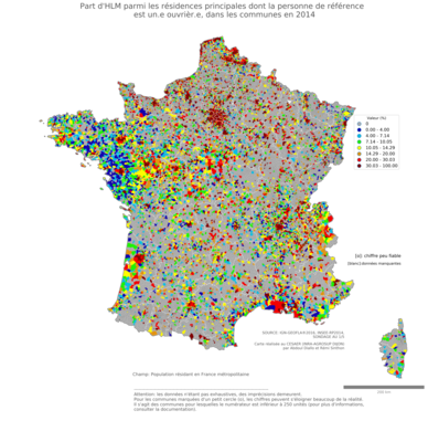 Part d'HLM parmi les résidences principales dont la personne de référence est un.e ouvrièr.e - com2014
Mots-clés: résidence et logement;profession;conditions d-existence;classes populaires;communes