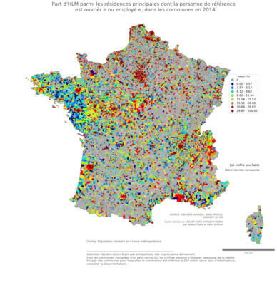 Part d'HLM parmi les résidences principales dont la personne de référence est ouvrièr.e ou employé.e - com2014
Mots-clés: résidence et logement;profession;conditions d-existence;classes populaires;communes