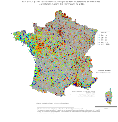 Part d'HLM parmi les résidences principales dont la personne de référence est retraité.e - com2014
Mots-clés: résidence et logement;âge;conditions d-existence;classes populaires;communes