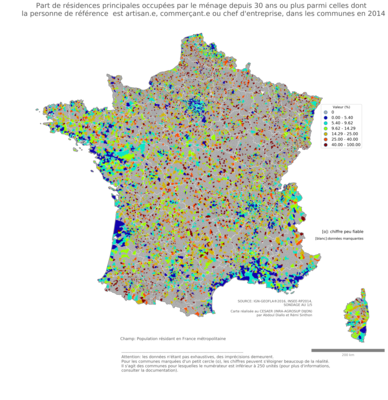 Part de résidences principales occupées par le ménage depuis 30 ans ou plus parmi celles dont la personne de référence est artisan.e, commerçant.e ou chef d'entreprise - com2014
Mots-clés: résidence et logement;profession;fonction publique ou indépendance;communes