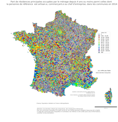 Part de résidences principales occupées par le ménage depuis 4 ans ou moins parmi celles dont la personne de référence est artisan.e, commerçant.e ou chef d'entreprise - com2014
Mots-clés: résidence et logement;profession;fonction publique ou indépendance;communes