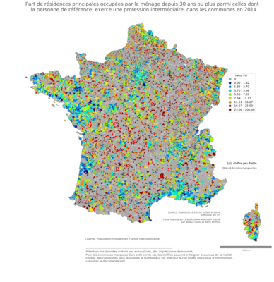 Part de résidences principales occupées par le ménage depuis 30 ans ou plus parmi celles dont la personne de référence exerce une profession intermédiaire - com2014
Mots-clés: résidence et logement;profession;communes