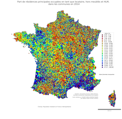 Part de résidences principales occupées en tant que locataire, hors meublés et HLM - com2014
Mots-clés: résidence et logement;conditions d-existence;communes