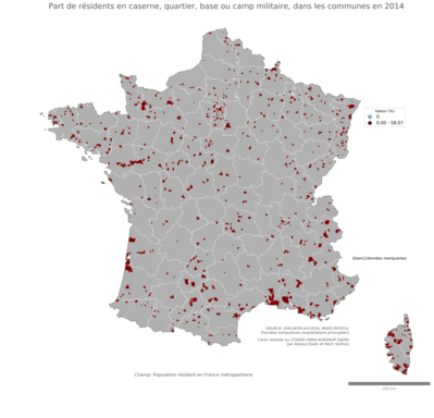 Part de résidents en caserne, quartier, base ou camp militaire - com2014
Mots-clés: résidence et logement;conditions d-existence;conditions de travail et d-emploi;communes