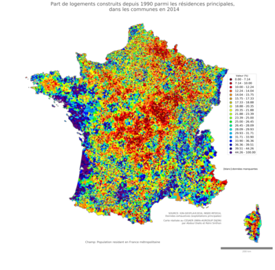 Part de logements construits depuis 1990 parmi les résidences principales - com2014
Mots-clés: résidence et logement;conditions d-existence;communes