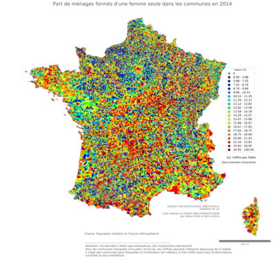 Part de ménages formés d'une femme seule - com2014
Mots-clés: famille et enfants;couple;sexe;femmes;communes