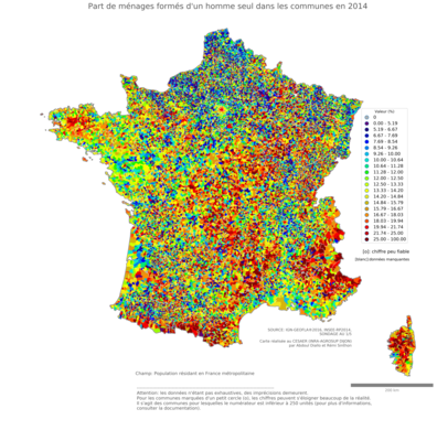 Part de ménages formés d'un homme seul - com2014
Mots-clés: famille et enfants;couple;sexe;hommes;communes