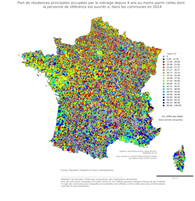 Part de résidences principales occupées par le ménage depuis 4 ans ou moins parmi celles dont la personne de référence est ouvrièr.e - com2014
Mots-clés: résidence et logement;profession;classes populaires;communes