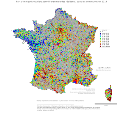 Part d'immigrés ouvriers parmi l'ensemble des résidents - com2014
Mots-clés: immigration;profession;classes populaires;communes