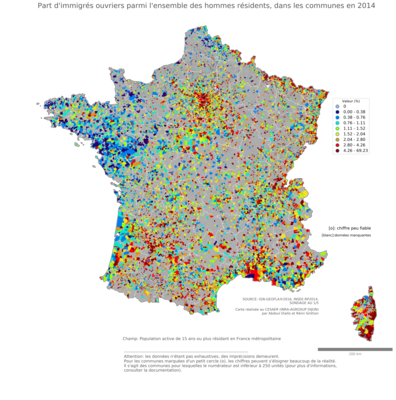 Part d'immigrés ouvriers parmi l'ensemble des hommes résidents - com2014
Mots-clés: immigration;sexe;hommes;classes populaires;communes