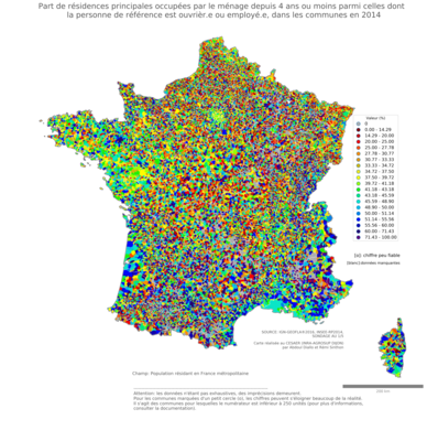 Part de résidences principales occupées par le ménage depuis 4 ans ou moins parmi celles dont la personne de référence est ouvrièr.e ou employé.e - com2014
Mots-clés: résidence et logement;profession;classes populaires;communes