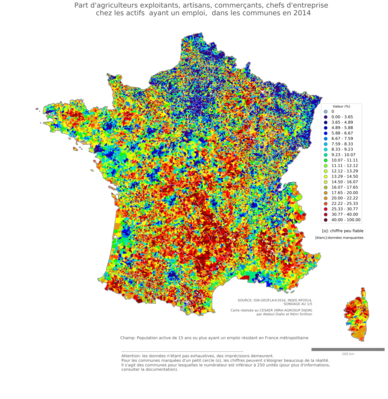 Part d'agriculteurs exploitants, artisans, commerçants, chefs d'entreprise chez les actifs ayant un emploi - com2014
Mots-clés: profession;sexe;femmes;fonction publique ou indépendance;communes