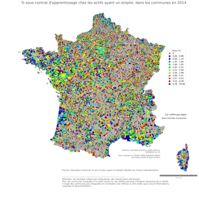 % sous contrat d'apprentissage chez les actifs ayant un emploi - com2014
Mots-clés: conditions de travail et d-emploi;classes populaires;communes