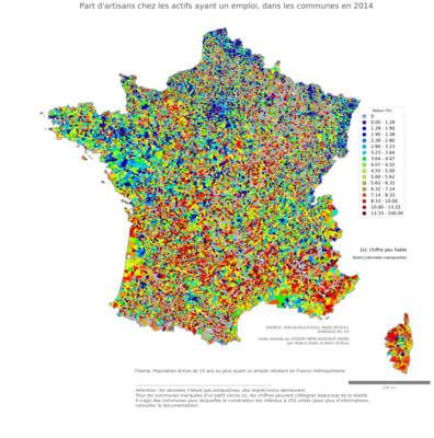 Part d'artisans chez les actifs ayant un emploi - com2014
Mots-clés: profession;fonction publique ou indépendance;communes