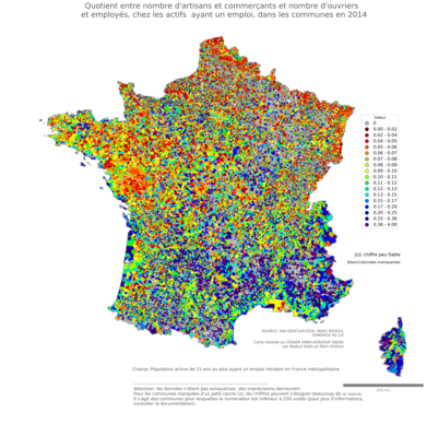 Quotient entre nombre d'artisans et commerçants et nombre d'ouvriers et employés, chez les actifs ayant un emploi - com2014
Mots-clés: profession;sexe;femmes;fonction publique ou indépendance;communes