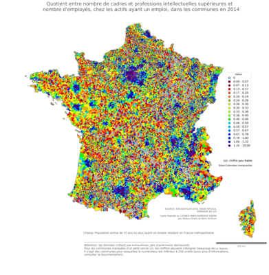 Quotient entre nombre de cadres et professions intellectuelles supérieures et nombre d'employés, chez les actifs ayant un emploi - com2014
Mots-clés: profession;classes supérieures;classes populaires;communes