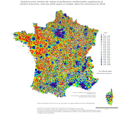 Quotient entre nombre de cadres et professions intellectuelles supérieures et nombre d'ouvriers, chez les actifs ayant un emploi - com2014
Mots-clés: profession;classes supérieures;classes populaires;communes