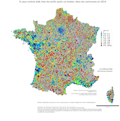 % sous contrat aidé chez les actifs ayant un emploi - com2014
Mots-clés: conditions de travail et d-emploi;classes populaires;communes