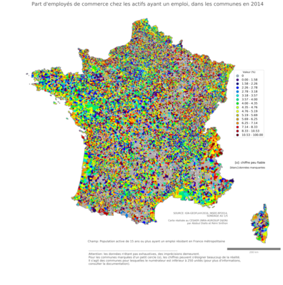 Part d'employés de commerce chez les actifs ayant un emploi - com2014
Mots-clés: profession;classes populaires;communes