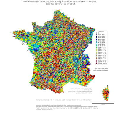 Part d'employés de la fonction publique chez les actifs ayant un emploi - com2014
Mots-clés: profession;classes populaires;fonction publique ou indépendance;communes