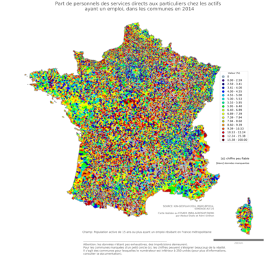 Part de personnels des services directs aux particuliers chez les actifs ayant un emploi - com2014
Mots-clés: profession;classes populaires;communes