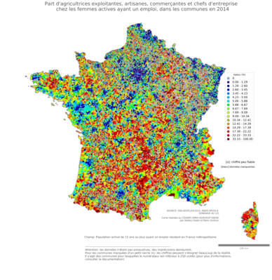 Part d'agricultrices exploitantes, artisanes, commerçantes et chefs d'entreprise chez les femmes actives ayant un emploi - com2014
Mots-clés: profession;sexe;femmes;fonction publique ou indépendance;communes