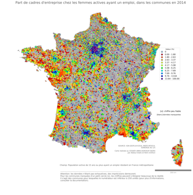 Part de cadres d'entreprise chez les femmes actives ayant un emploi - com2014
Mots-clés: profession;sexe;femmes;classes supérieures;communes