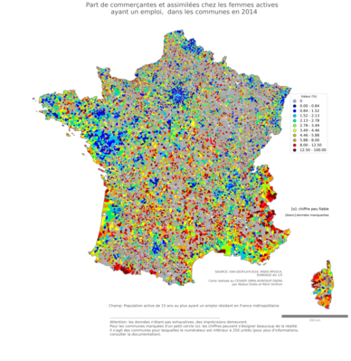 Part de commerçantes et assimilées chez les femmes actives ayant un emploi - com2014
Mots-clés: profession;sexe;femmes;fonction publique ou indépendance;communes