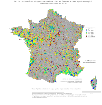 Part de contremaîtres et agents de maîtrise chez les femmes actives ayant un emploi - com2014
Mots-clés: profession;sexe;femmes;communes