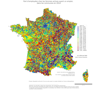 Part d'employées chez les femmes actives ayant un emploi - com2014
Mots-clés: profession;sexe;femmes;classes populaires;communes