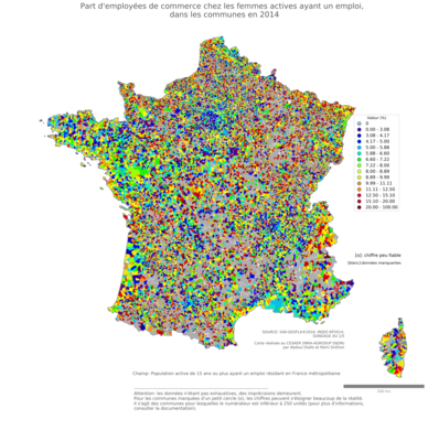 Part d'employées de commerce chez les femmes actives ayant un emploi - com2014
Mots-clés: profession;sexe;femmes;classes populaires;communes