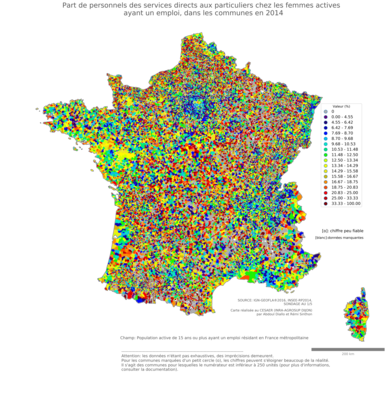 Part de personnels des services directs aux particuliers chez les femmes actives ayant un emploi - com2014
Mots-clés: profession;sexe;femmes;classes populaires;communes