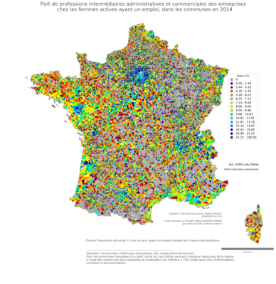 Part de professions intermédiaires administratives et commerciales des entreprises chez les femmes actives ayant un emploi - com2014
Mots-clés: profession;sexe;femmes;communes