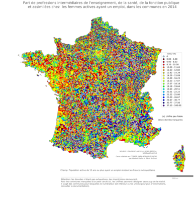 Part de professions intermédiaires de l'enseignement, de la santé, de la fonction publique et assimilées chez les femmes actives ayant un emploi - com2014
Mots-clés: profession;sexe;femmes;fonction publique ou indépendance;communes