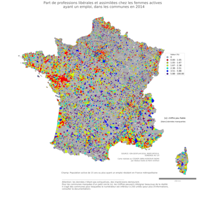 Part de professions libérales et assimilées chez les femmes actives ayant un emploi - com2014
Mots-clés: profession;sexe;femmes;classes supérieures;communes