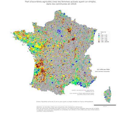 Part d'ouvrières agricoles chez les femmes actives ayant un emploi - com2014
Mots-clés: profession;sexe;femmes;classes populaires;communes