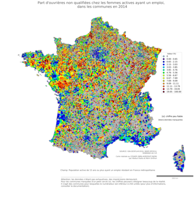 Part d'ouvrières non qualifiées chez les femmes actives ayant un emploi - com2014
Mots-clés: profession;sexe;femmes;classes populaires;communes