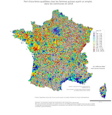 Part d'ouvrières qualifiées chez les femmes actives ayant un emploi - com2014
Mots-clés: profession;sexe;femmes;classes populaires;communes