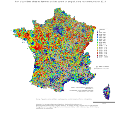 Part d'ouvrières chez les femmes actives ayant un emploi - com2014
Mots-clés: profession;sexe;femmes;classes populaires;communes